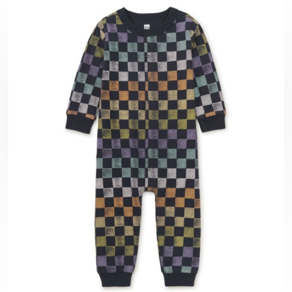 Tea Collection Long Sleeve Snap Front Baby Romper Checkerboard 9-12